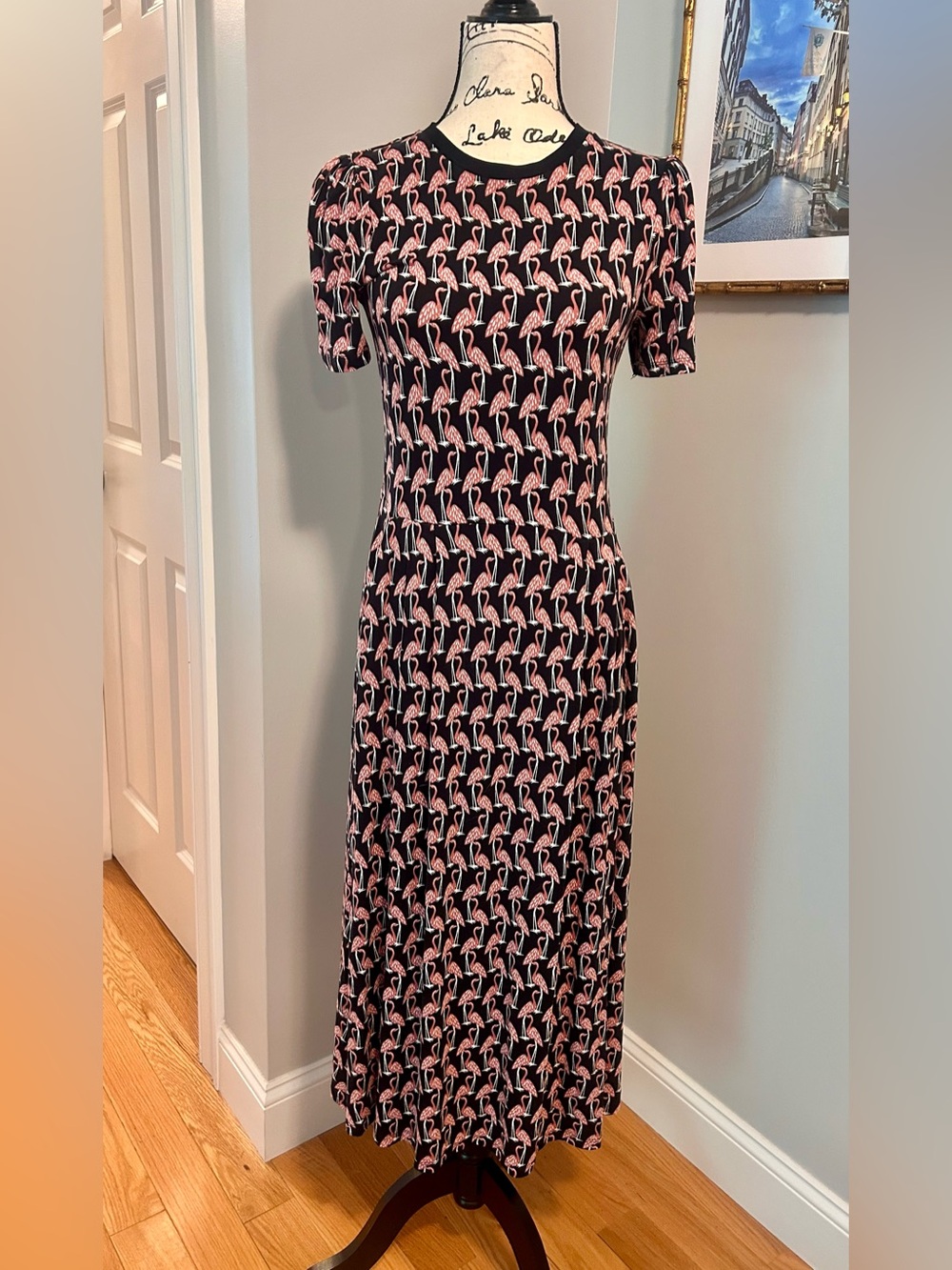 Boden Black Midi Dress with Pink Flamingo Print
